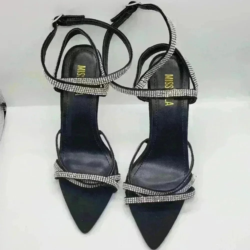 Beautiful Miss Lola Black EMBELLISHED STRAP Clear High Heels Open Toe Size 6